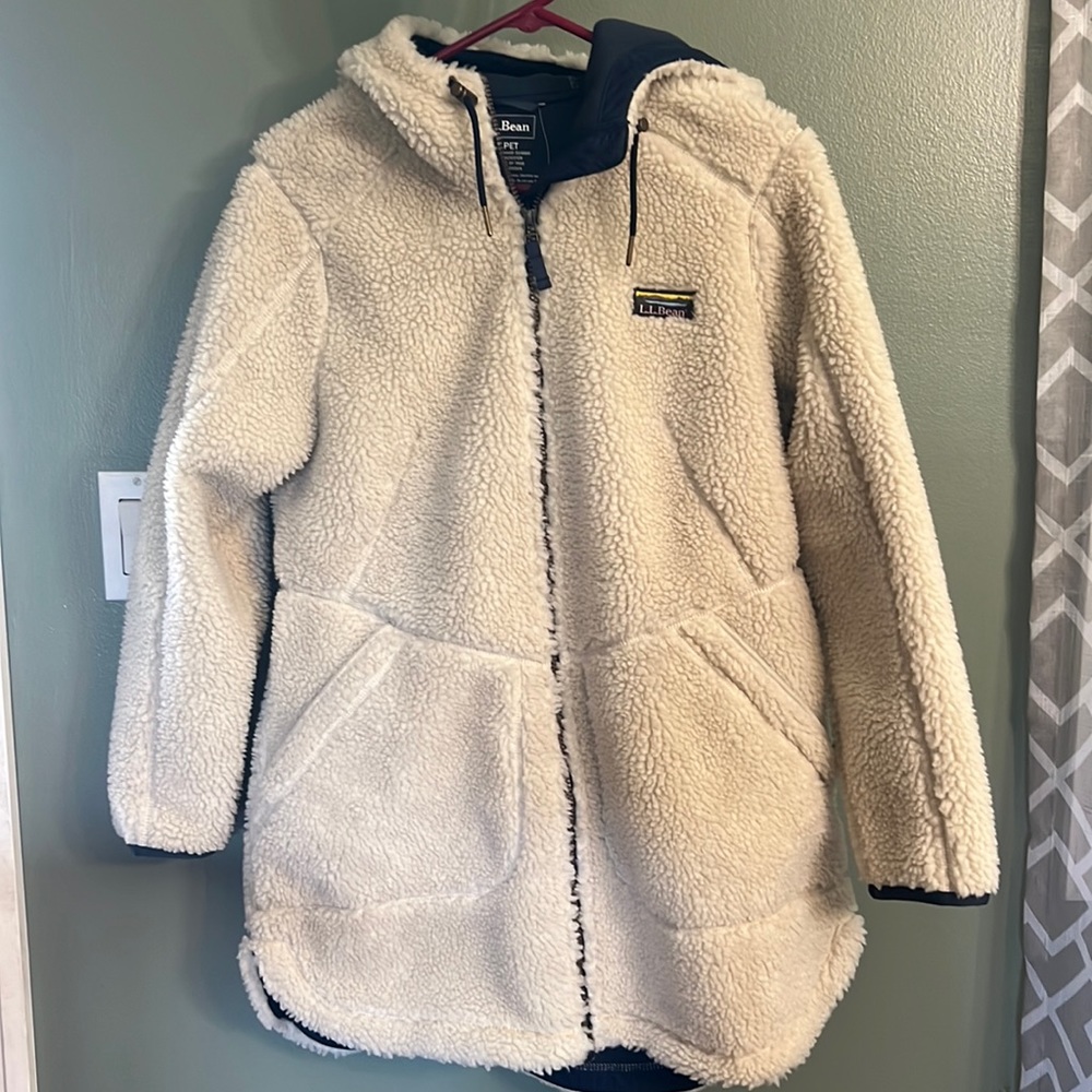 New with tags, LL Bean, women’s long fleece jacket, cream color, size med